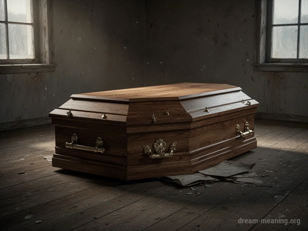 A closed wooden coffin in a dark room.