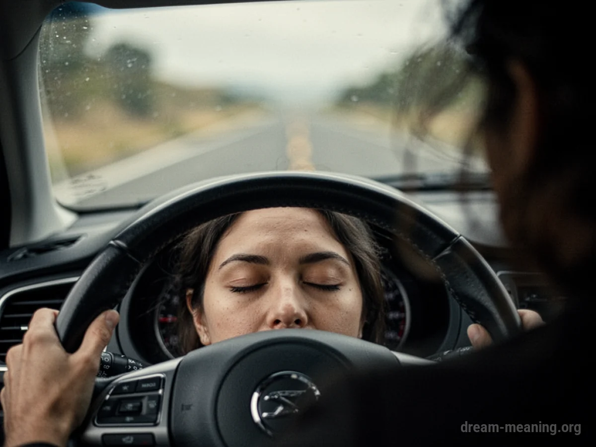 A blurred road seen through a car windshield, with a steering wheel in the foreground and closed eyes visible.