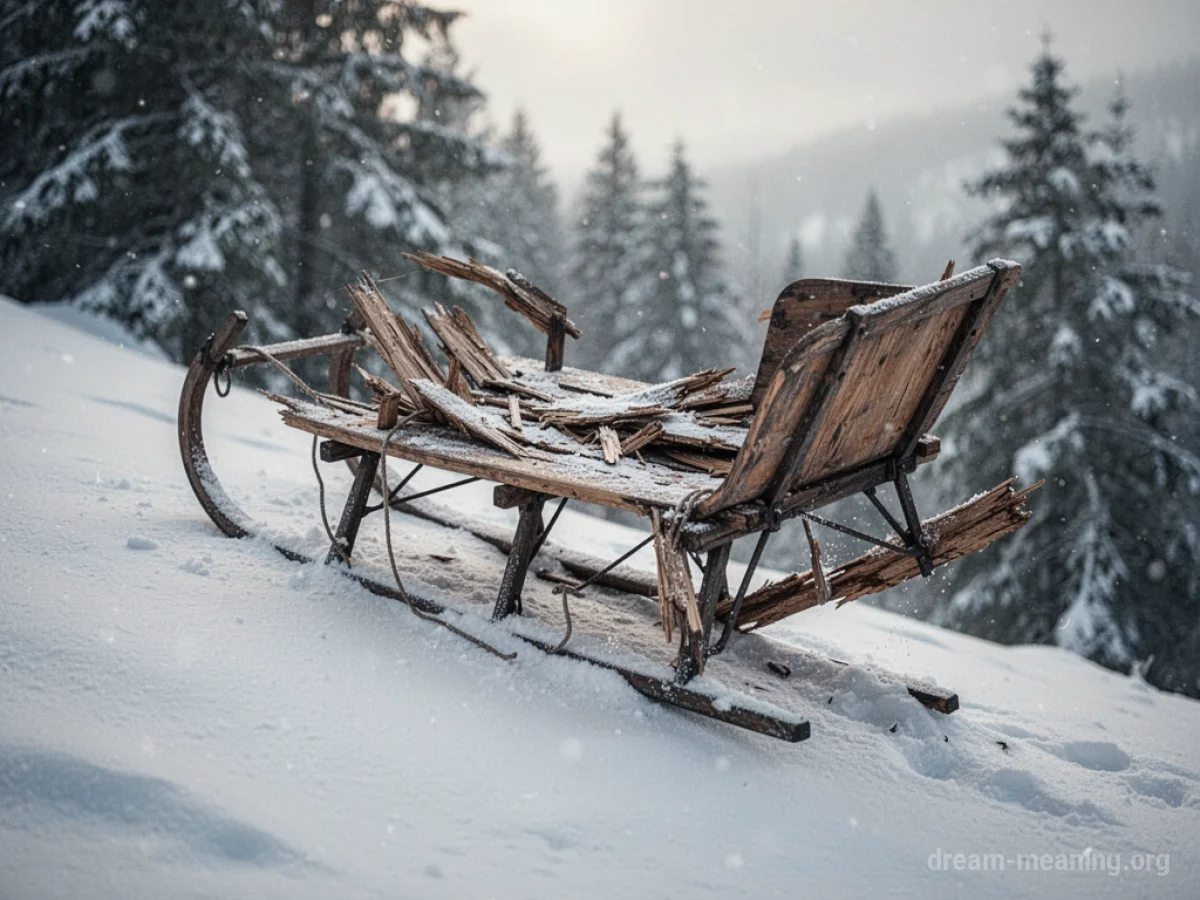 A damaged sleigh lying on its side in the snow.
