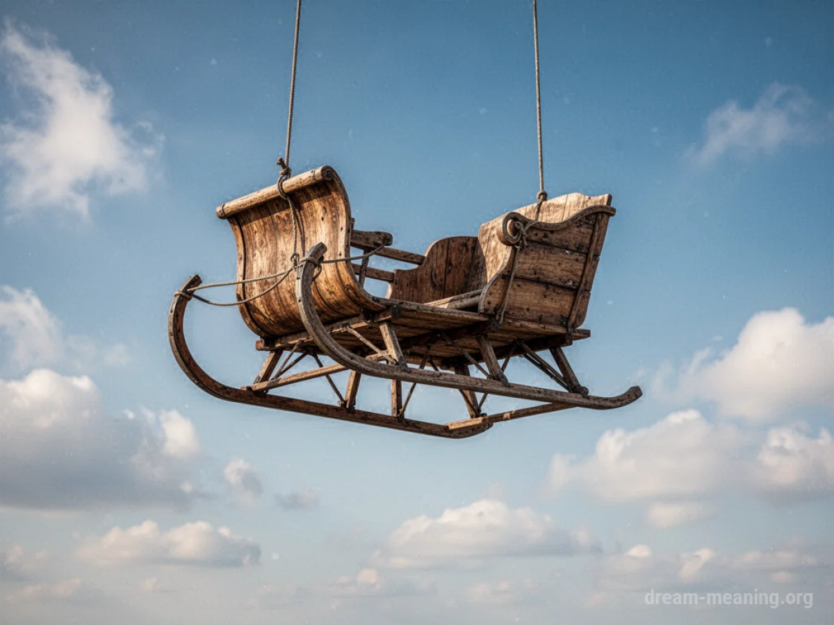 A wooden sleigh floats serenely against a backdrop of sky and clouds.