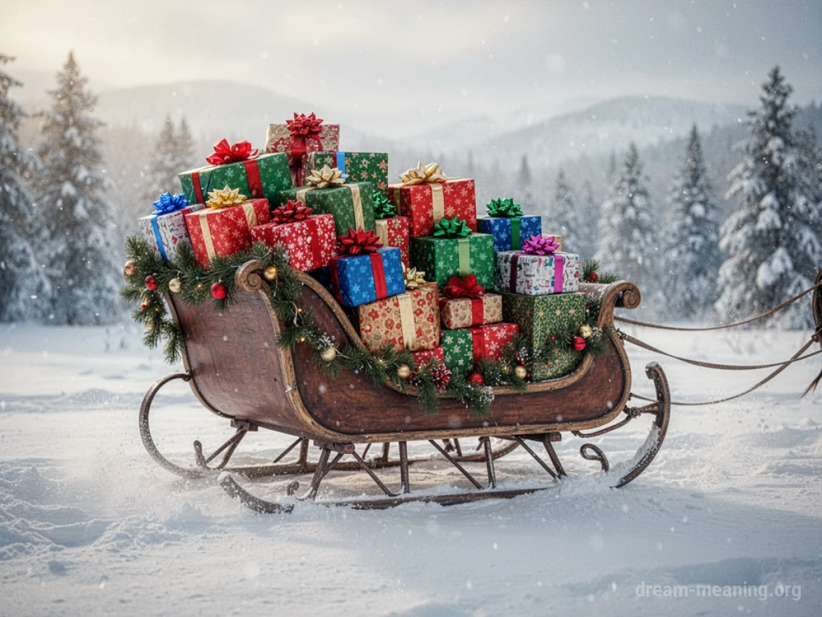 A sleigh laden with wrapped presents moving through a snowy scene.