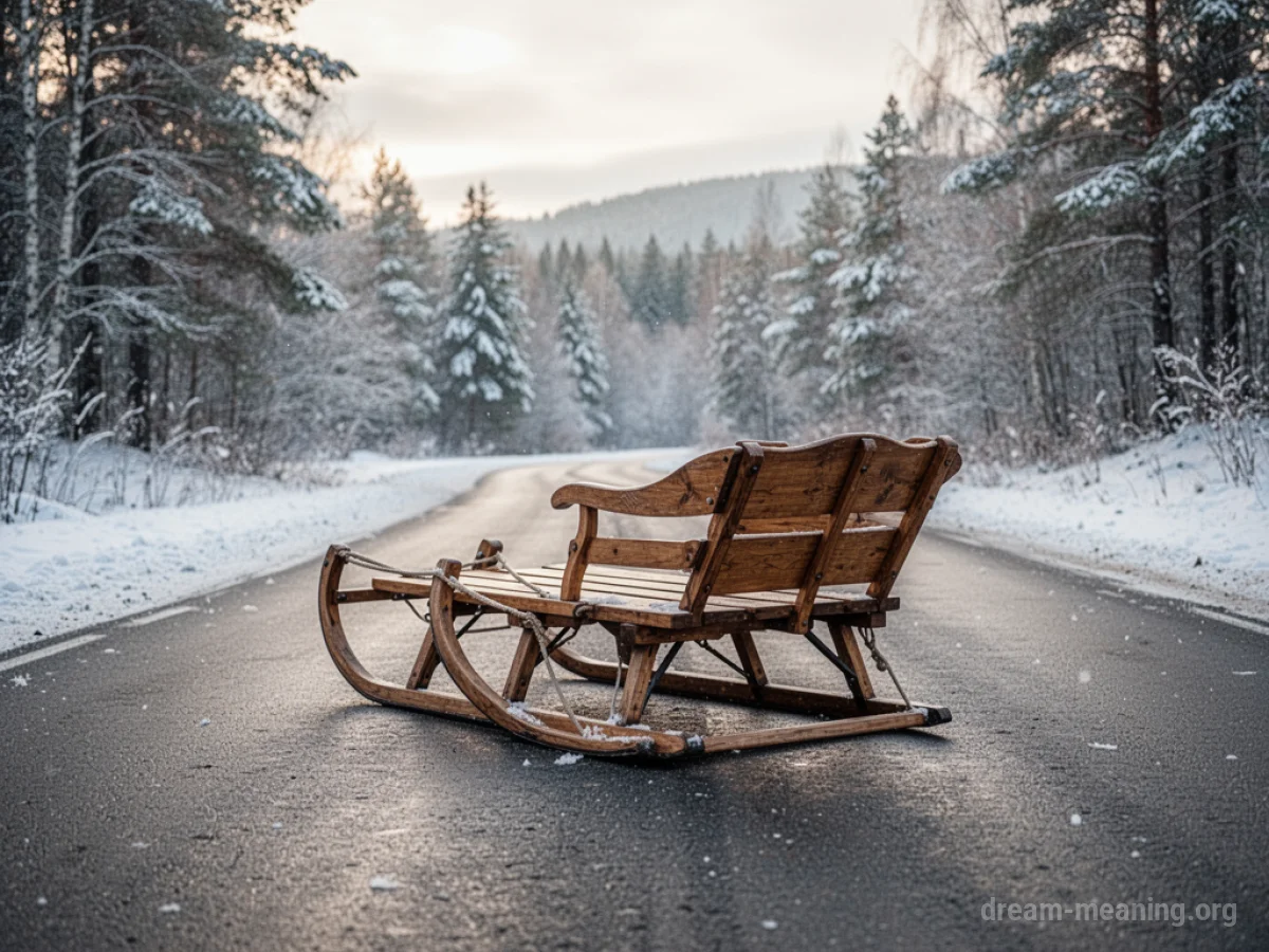A sleigh rests on a paved road in a snowy environment.