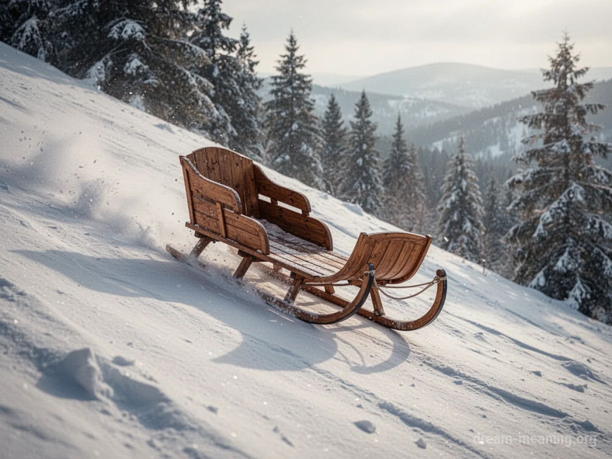 A sleigh moving rapidly down a snowy slope without a driver.