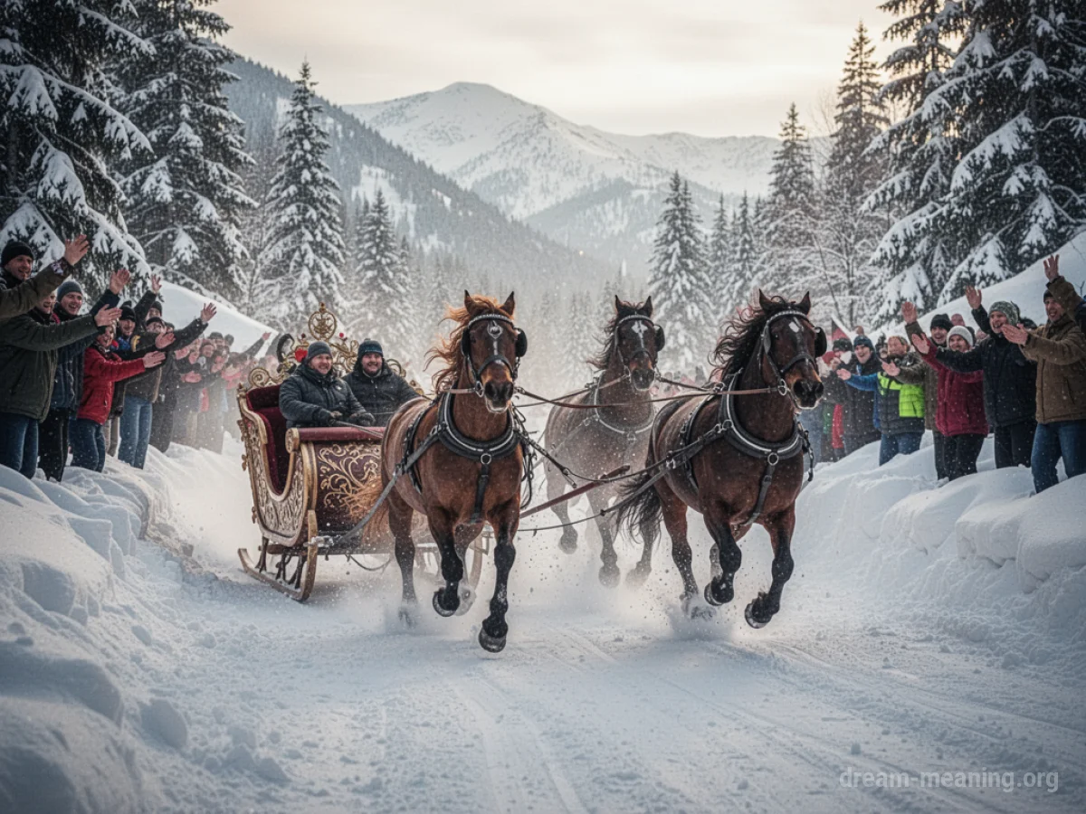 Two horse-drawn sleighs in a fast race down a snow-covered mountain.
