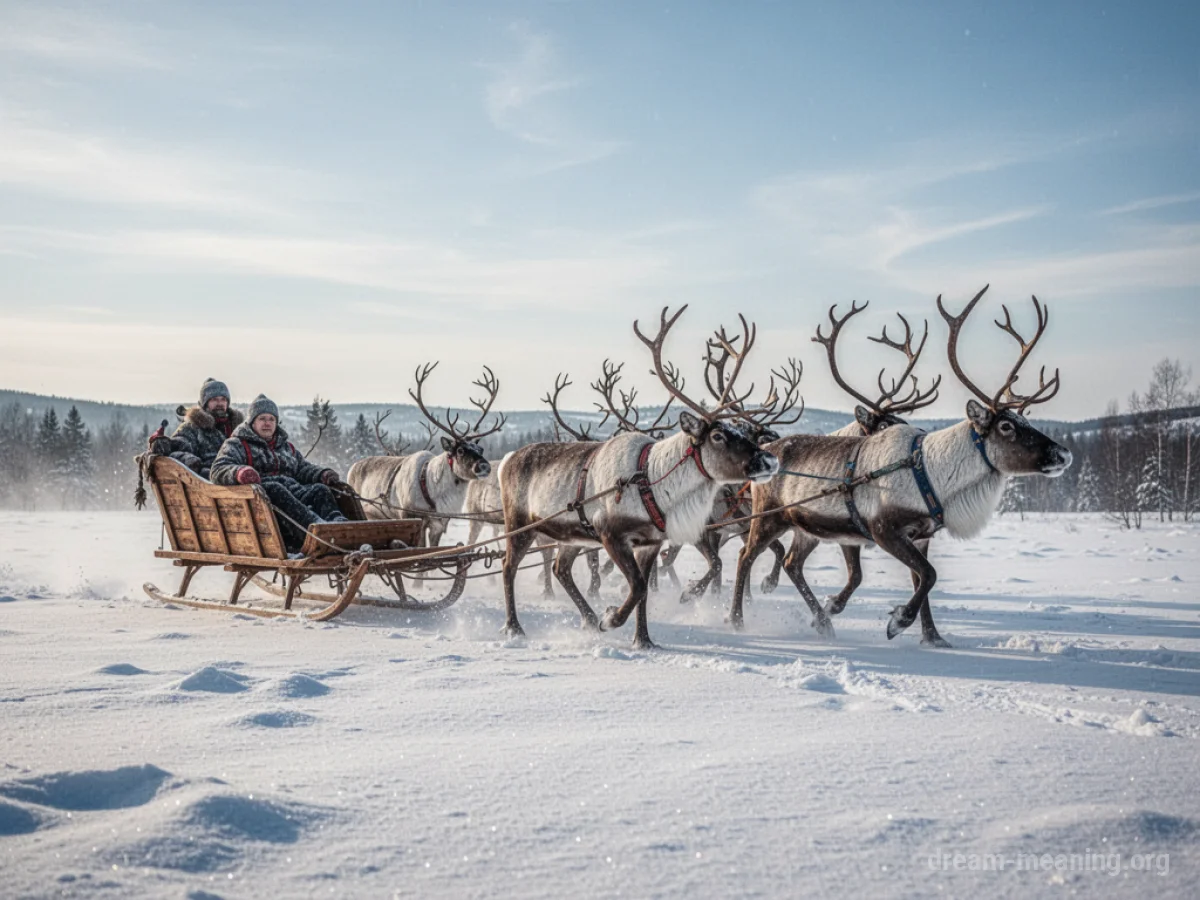 A sleigh being pulled by reindeer through a snowy field.