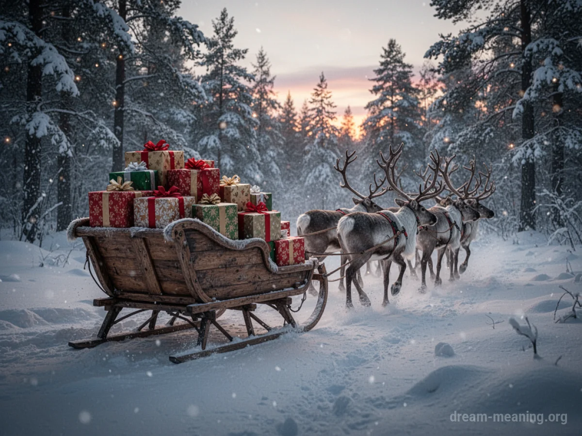 A wooden sleigh filled with gifts being pulled by reindeer through a snowy forest.