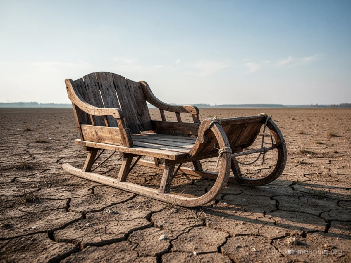 A wooden sleigh resting on barren, dry ground.