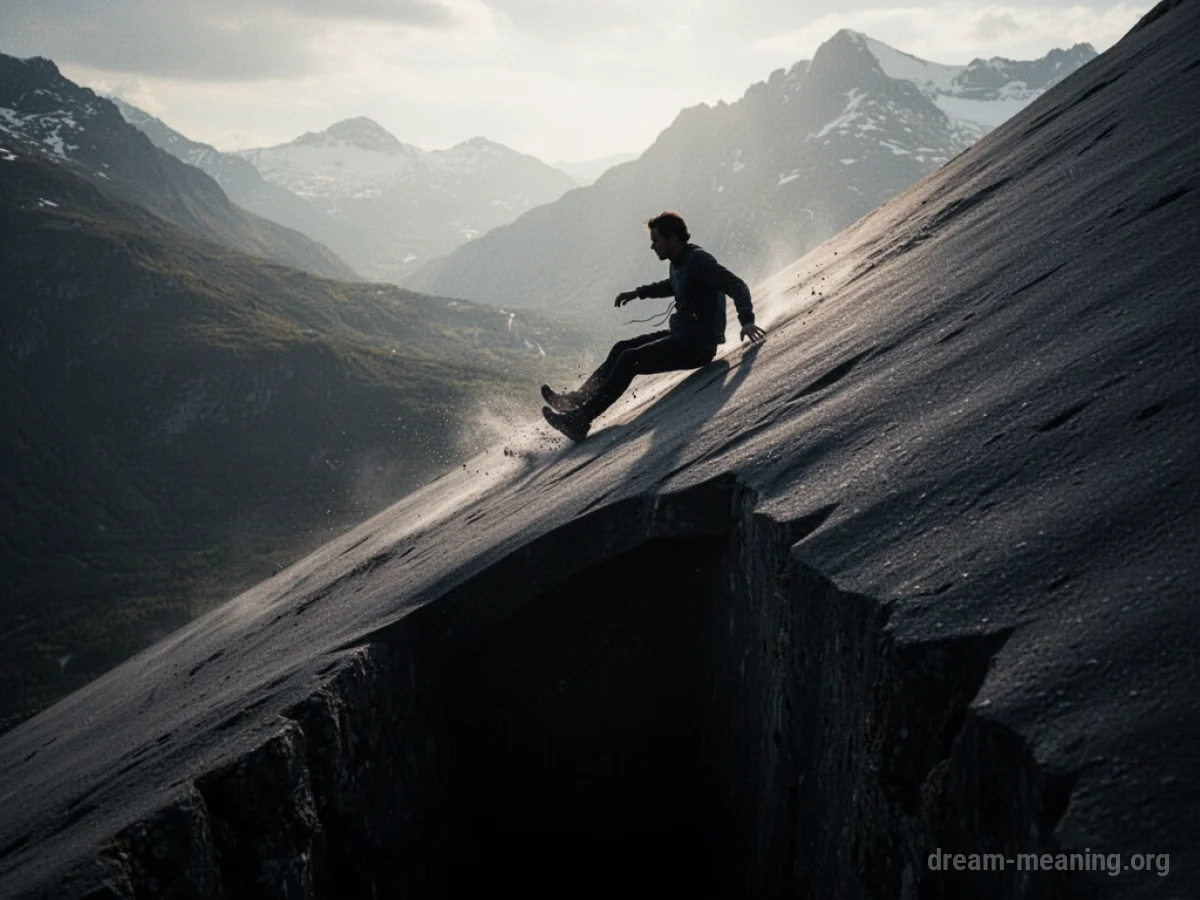 Silhouette of a person sliding down a steep incline with a dark area below.