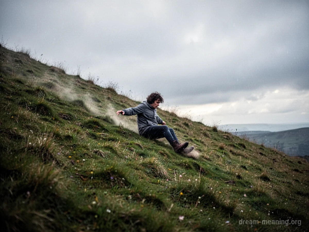 A person slides down a grassy incline.