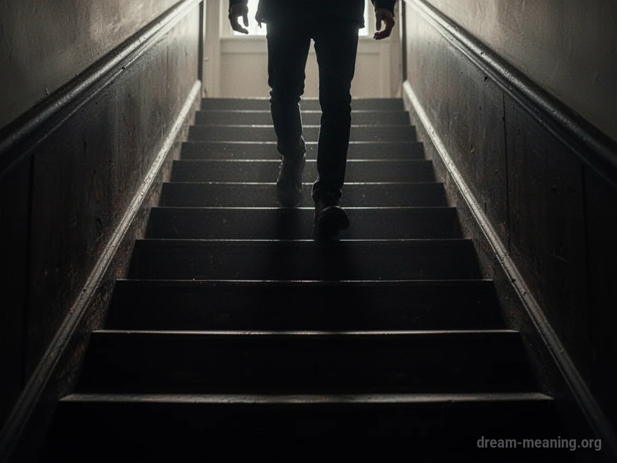 A person's legs are visible as they slide down a dark staircase.