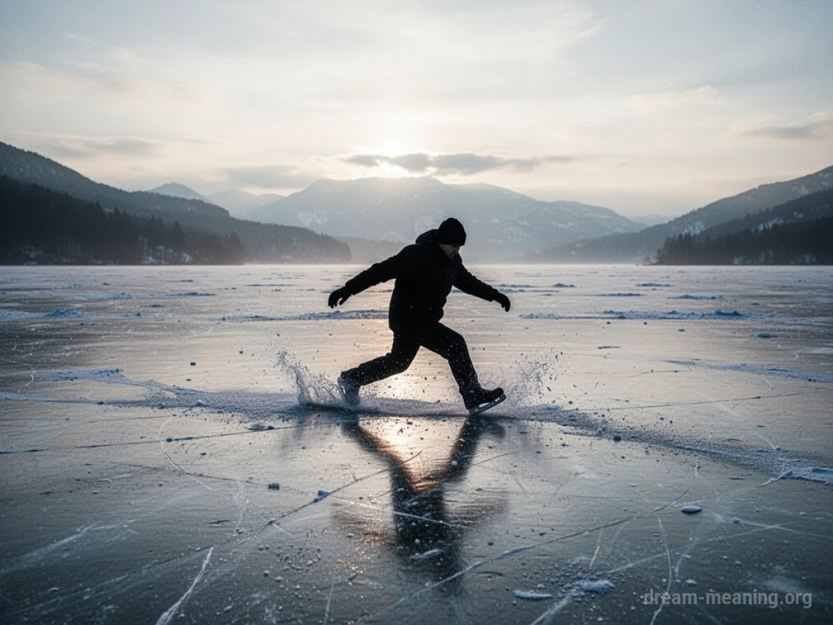 Silhouette of a person losing balance while sliding on a vast ice surface.