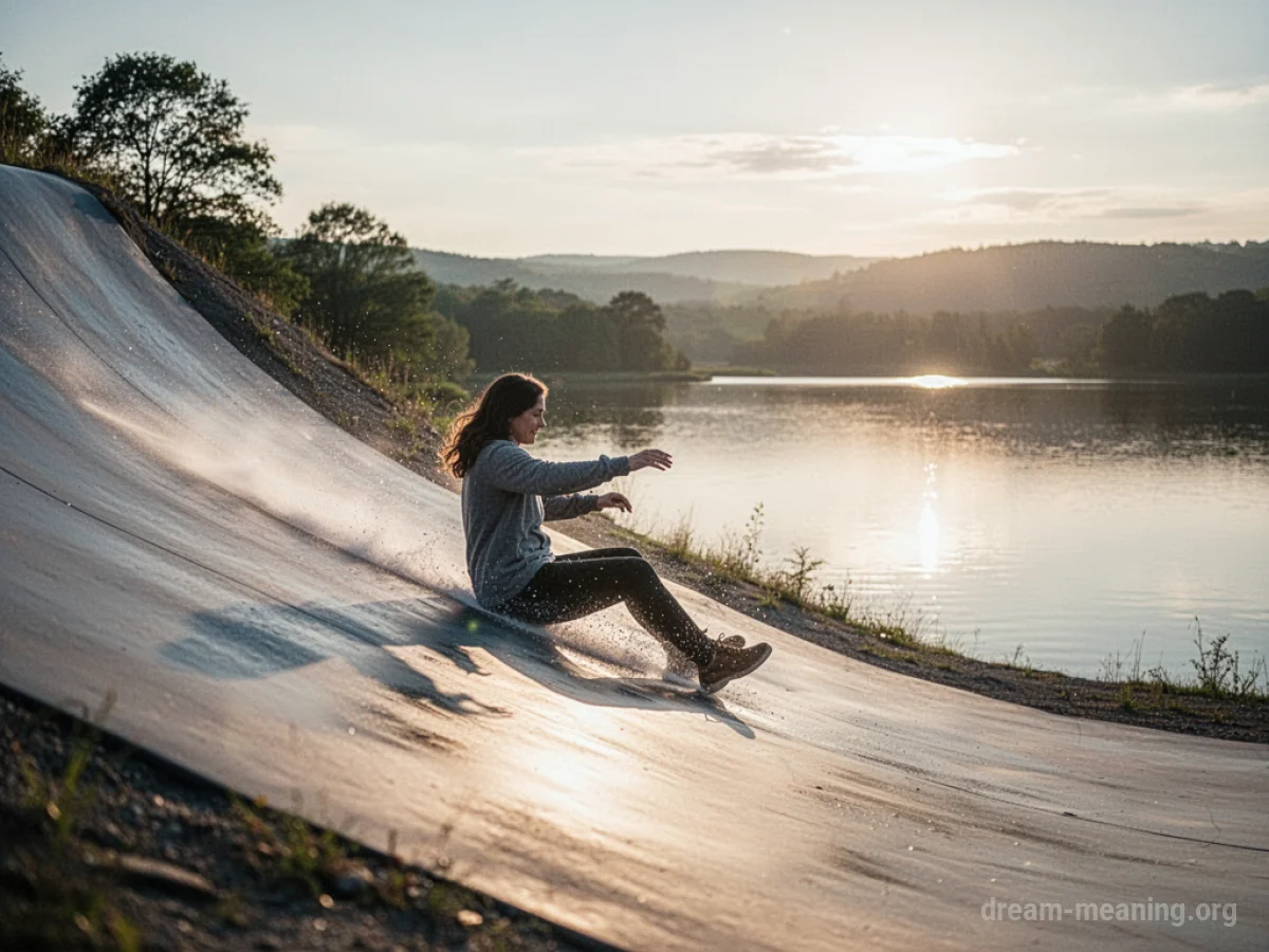 A person sliding down a slope into a bright, peaceful clearing.