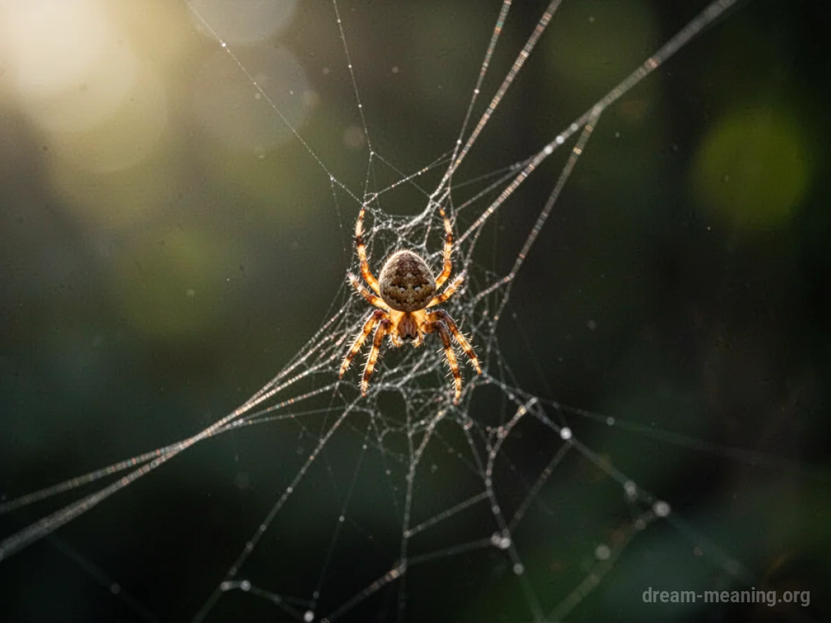 A tiny spider on a silk thread.