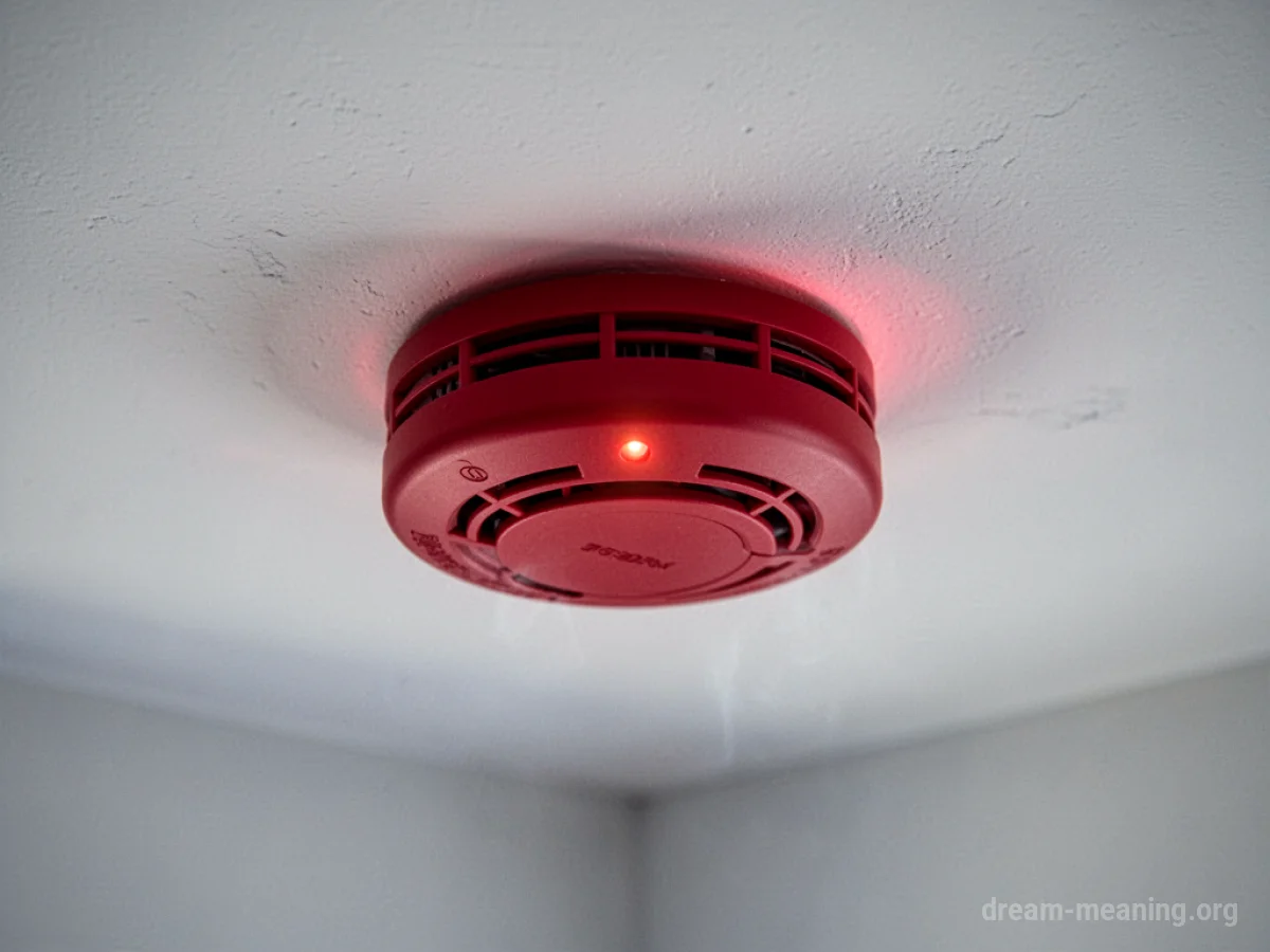 A close-up of a smoke alarm on a ceiling.