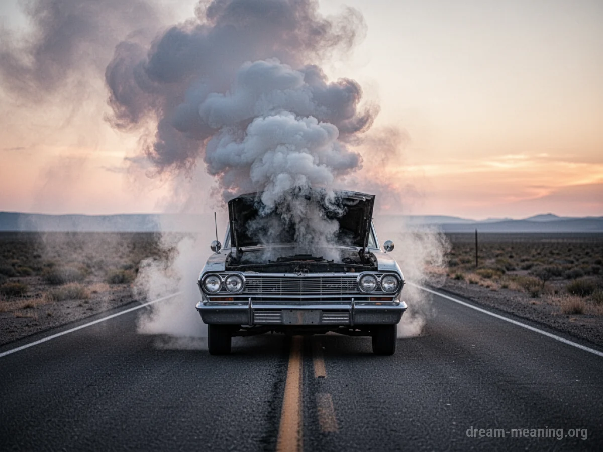 A car emitting a large plume of smoke from its engine area.