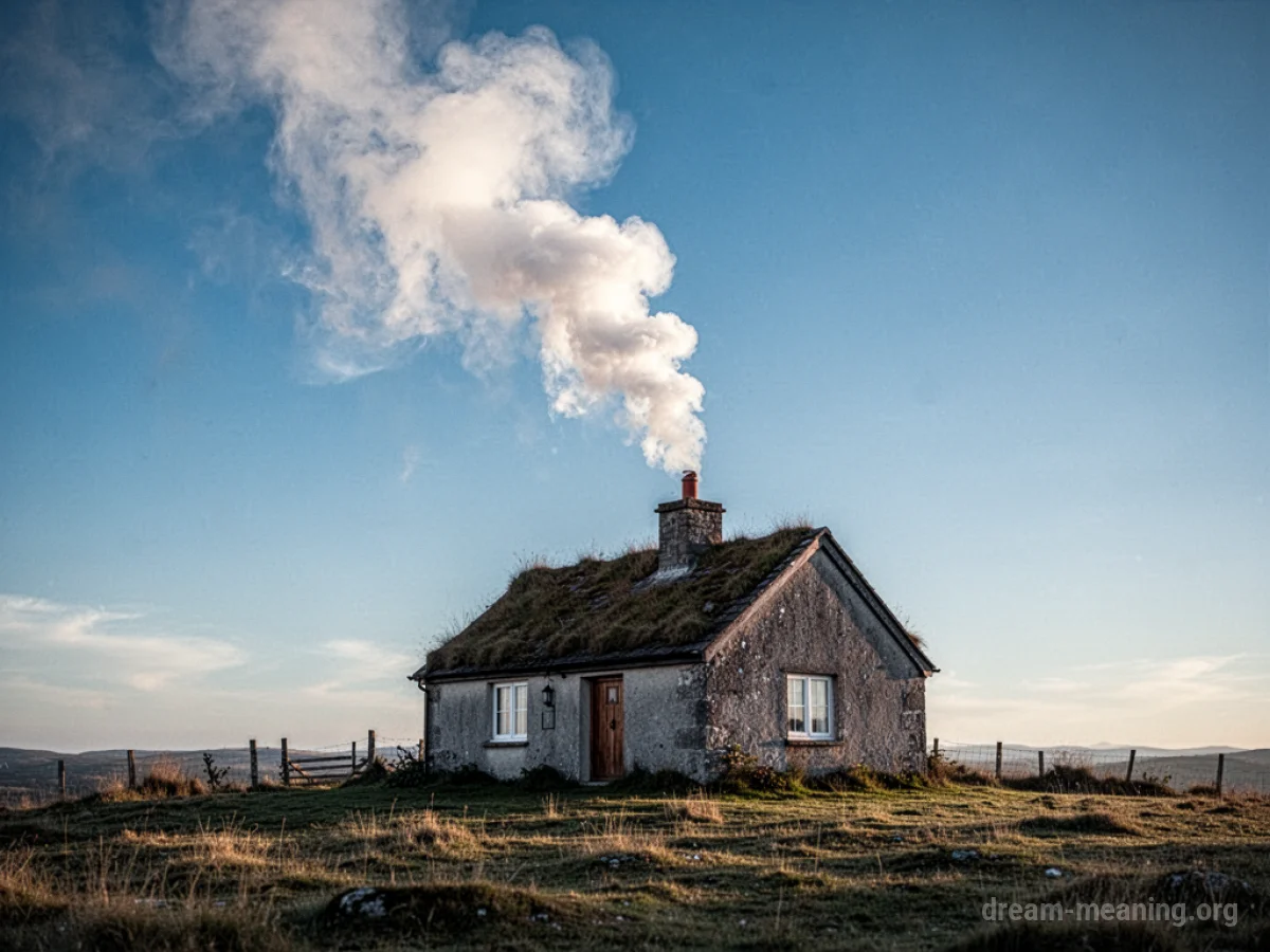 White smoke gently rising from a stone chimney on a small house.