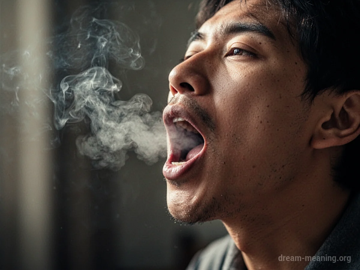 A person's face with grey smoke billowing from their open mouth.