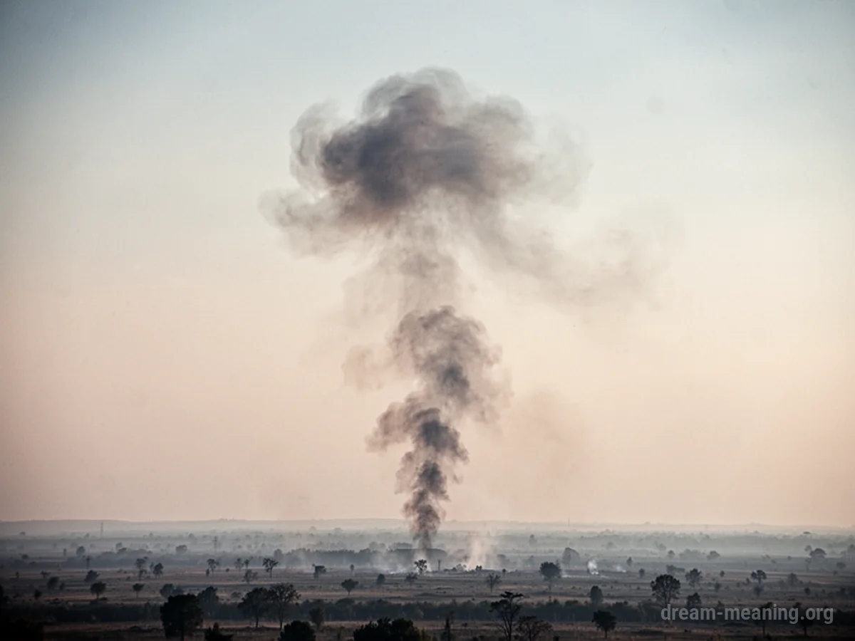 A faint column of smoke rising into a hazy sky in the far distance.