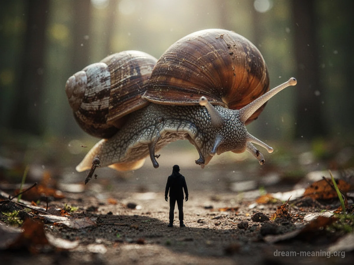 A large snail positioned threateningly above a small human silhouette.