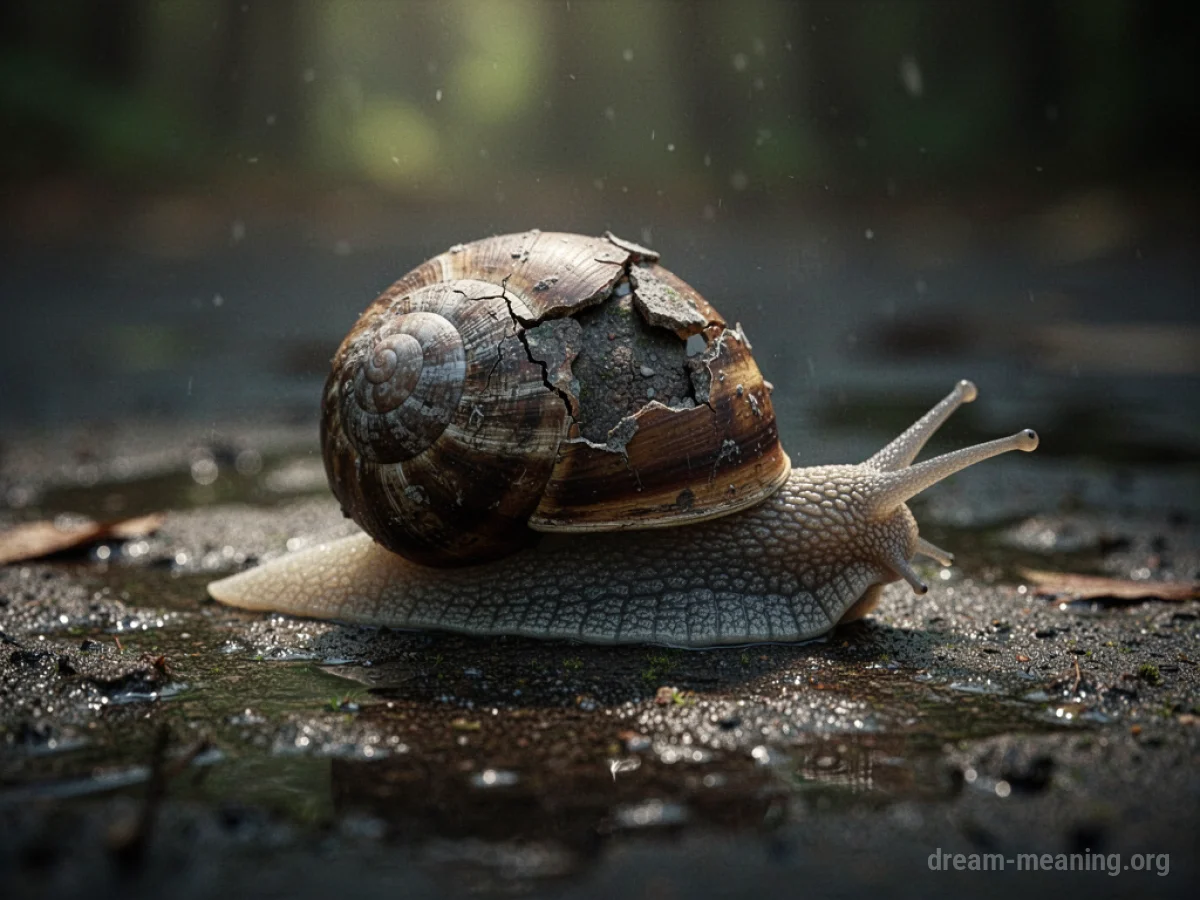 A snail with a cracked shell on a dark surface.