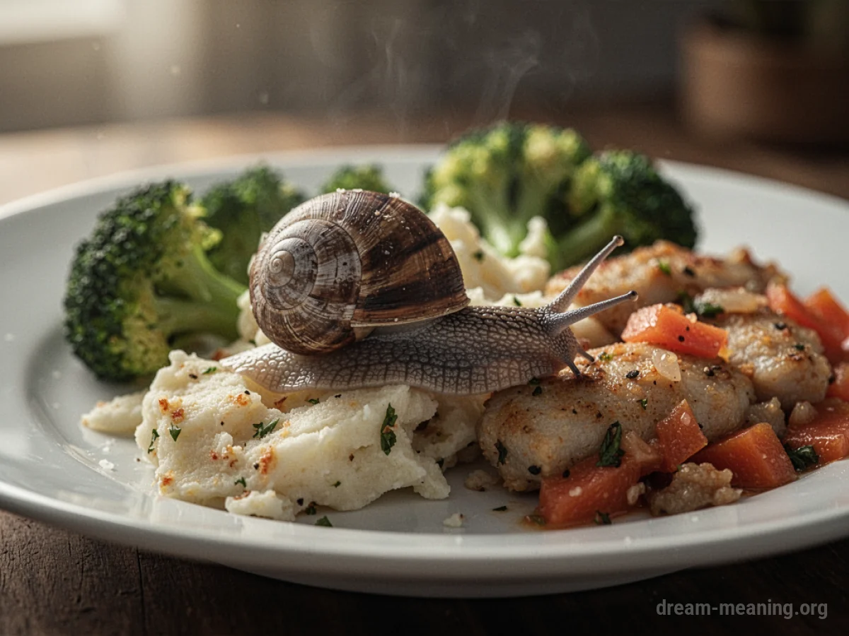 A snail on a plate of food.