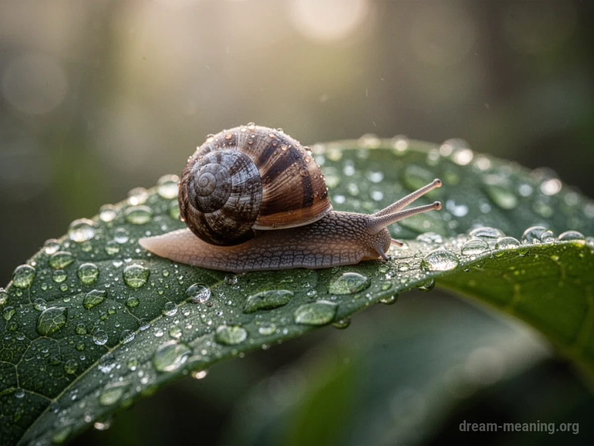 A snail with its shell slowly moving across a green leaf.