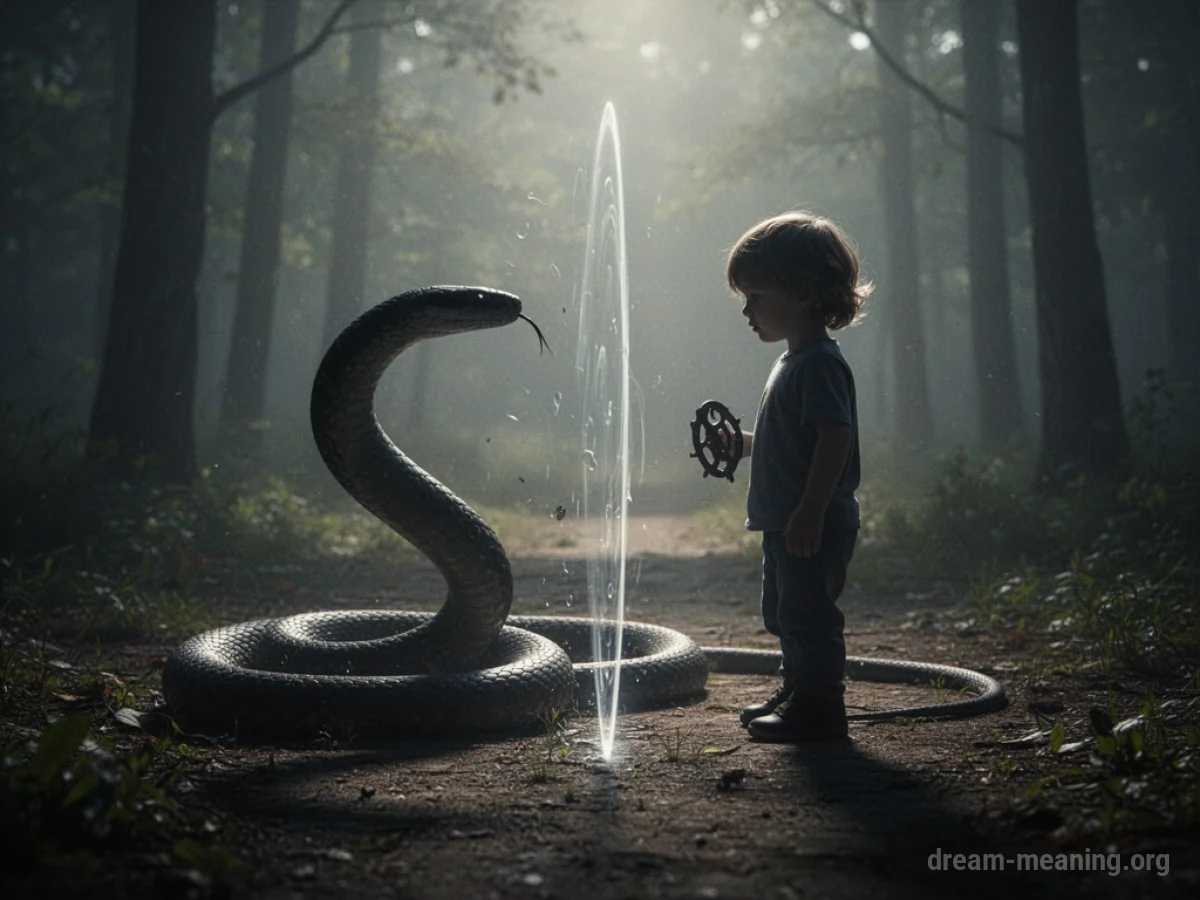 A dark, winding shape near a child's silhouette, with a faint barrier.
