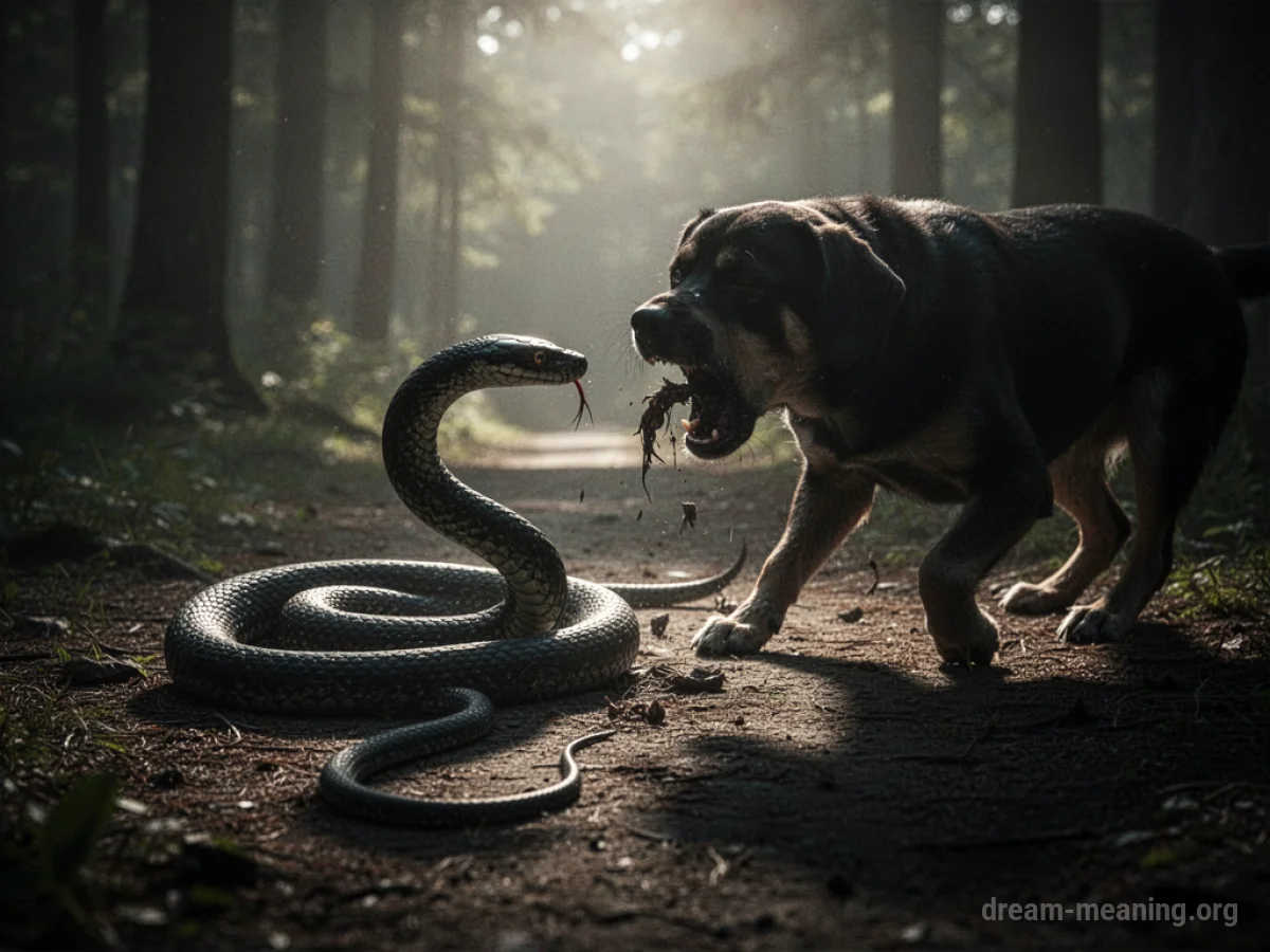 A dark snake appears to be lunging towards a dog's silhouette.