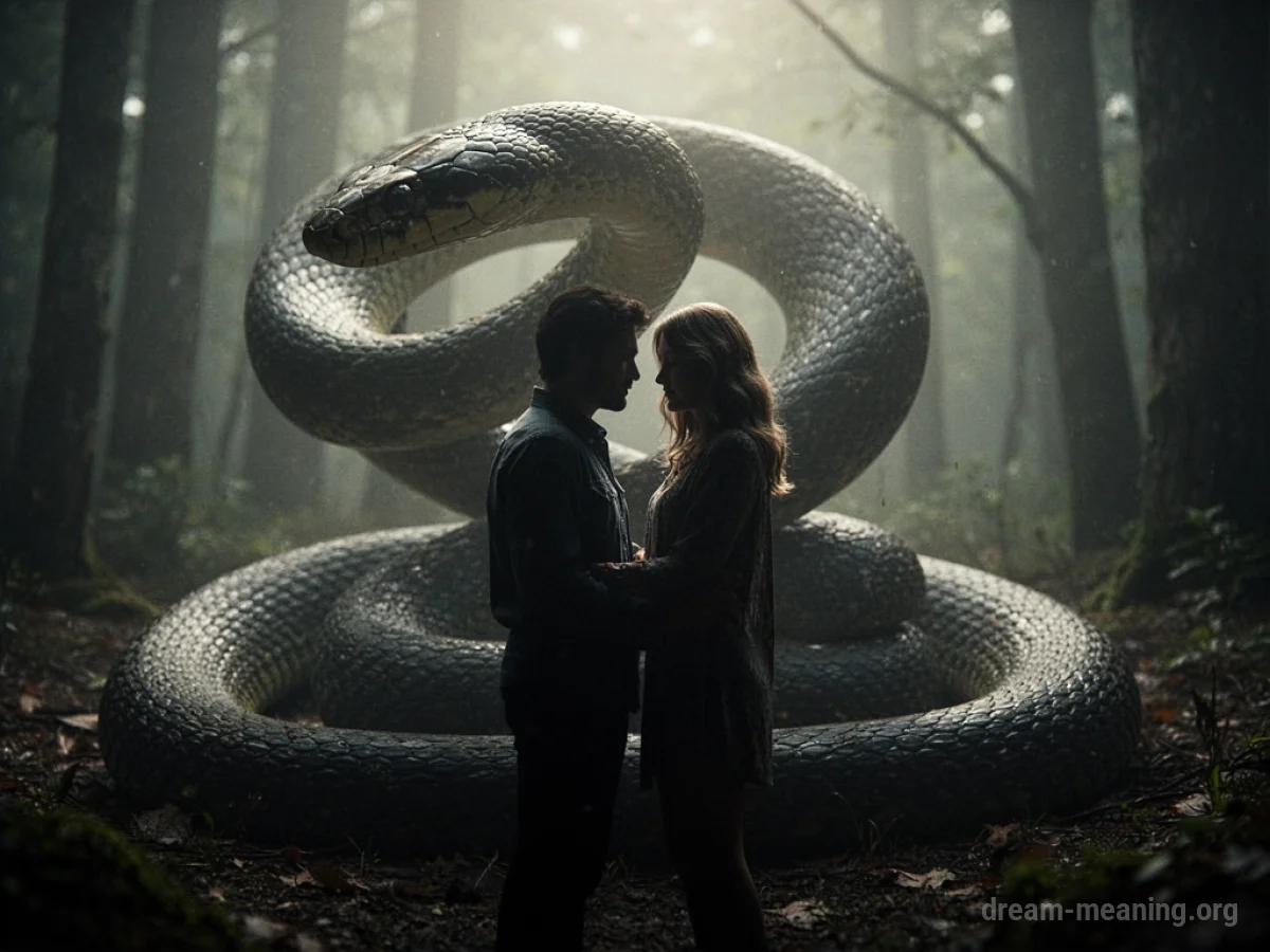 A shadowy snake figure behind two silhouetted people.
