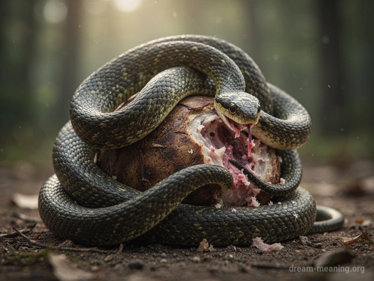 A snake with its mouth open around an indistinct object.