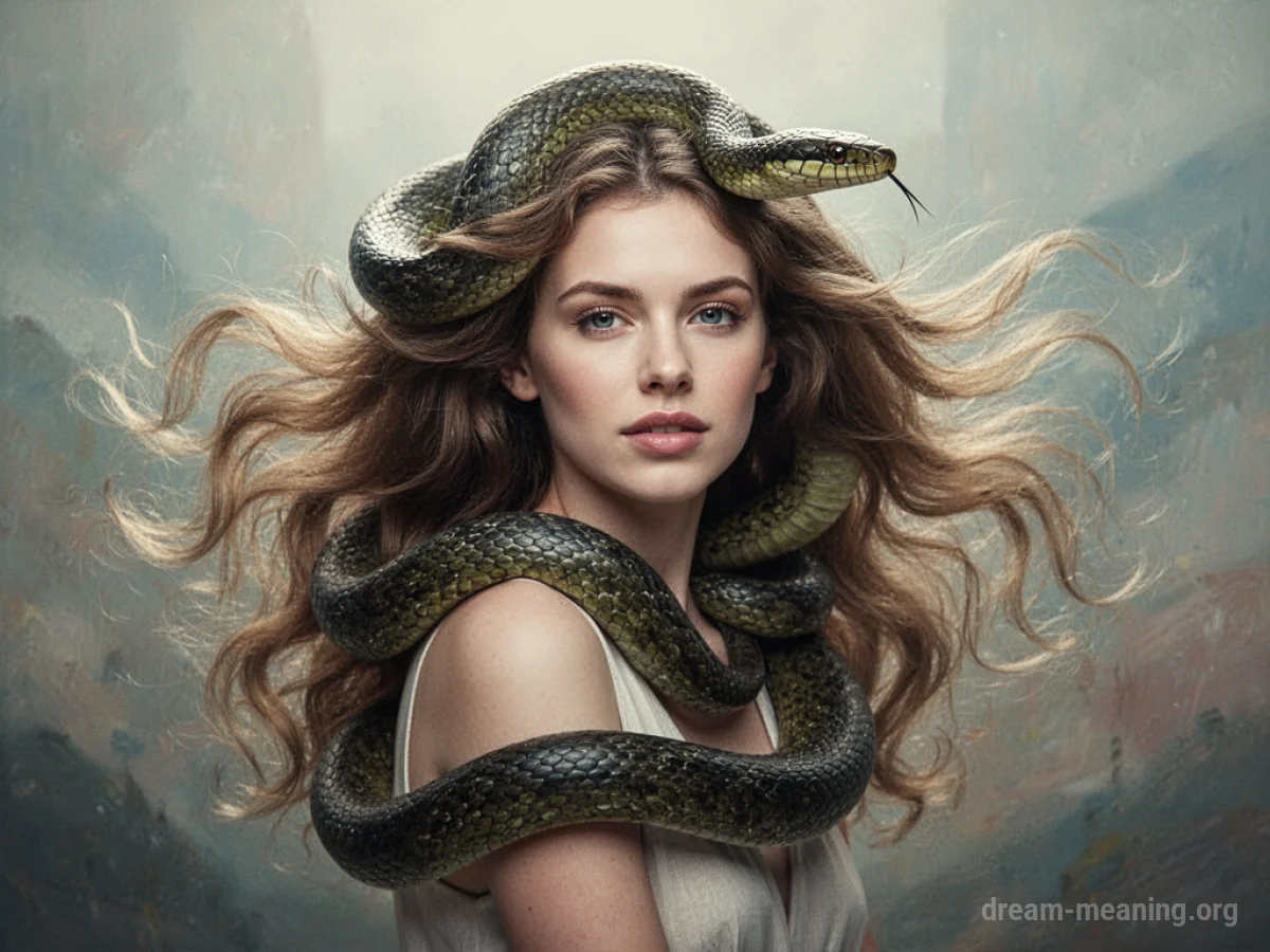 A snake weaving through a person's hair.