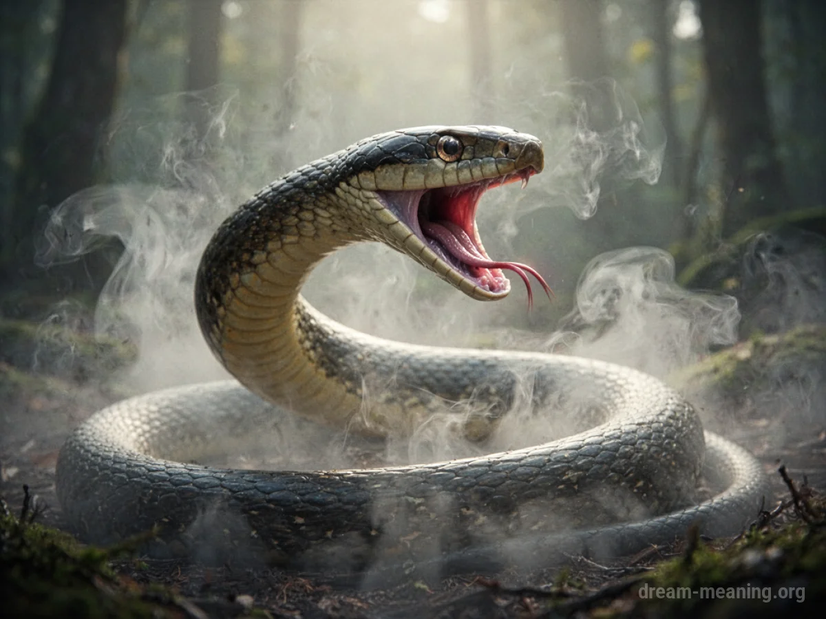 A snake with its mouth open, emanating faint wisps of smoke.