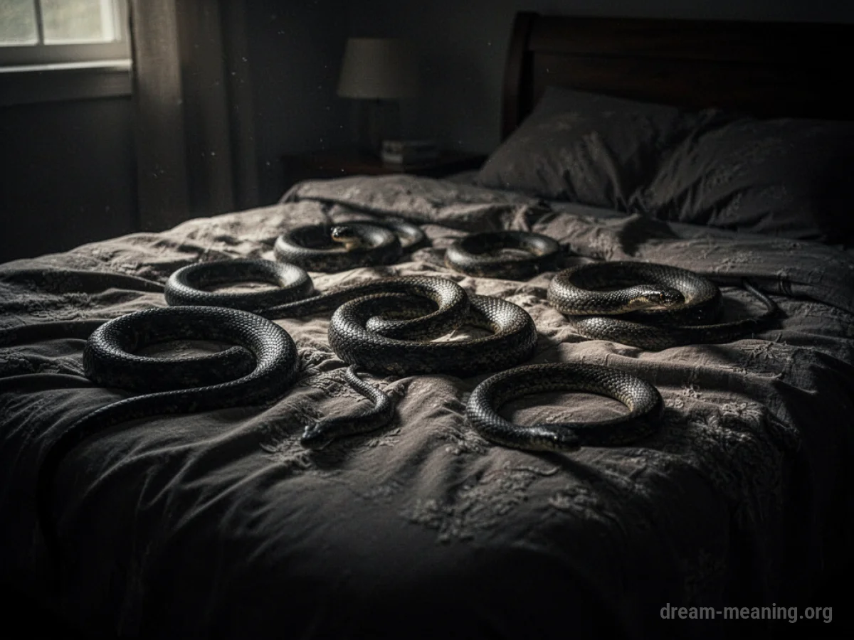 Shadowy snakes coiled on a bed.