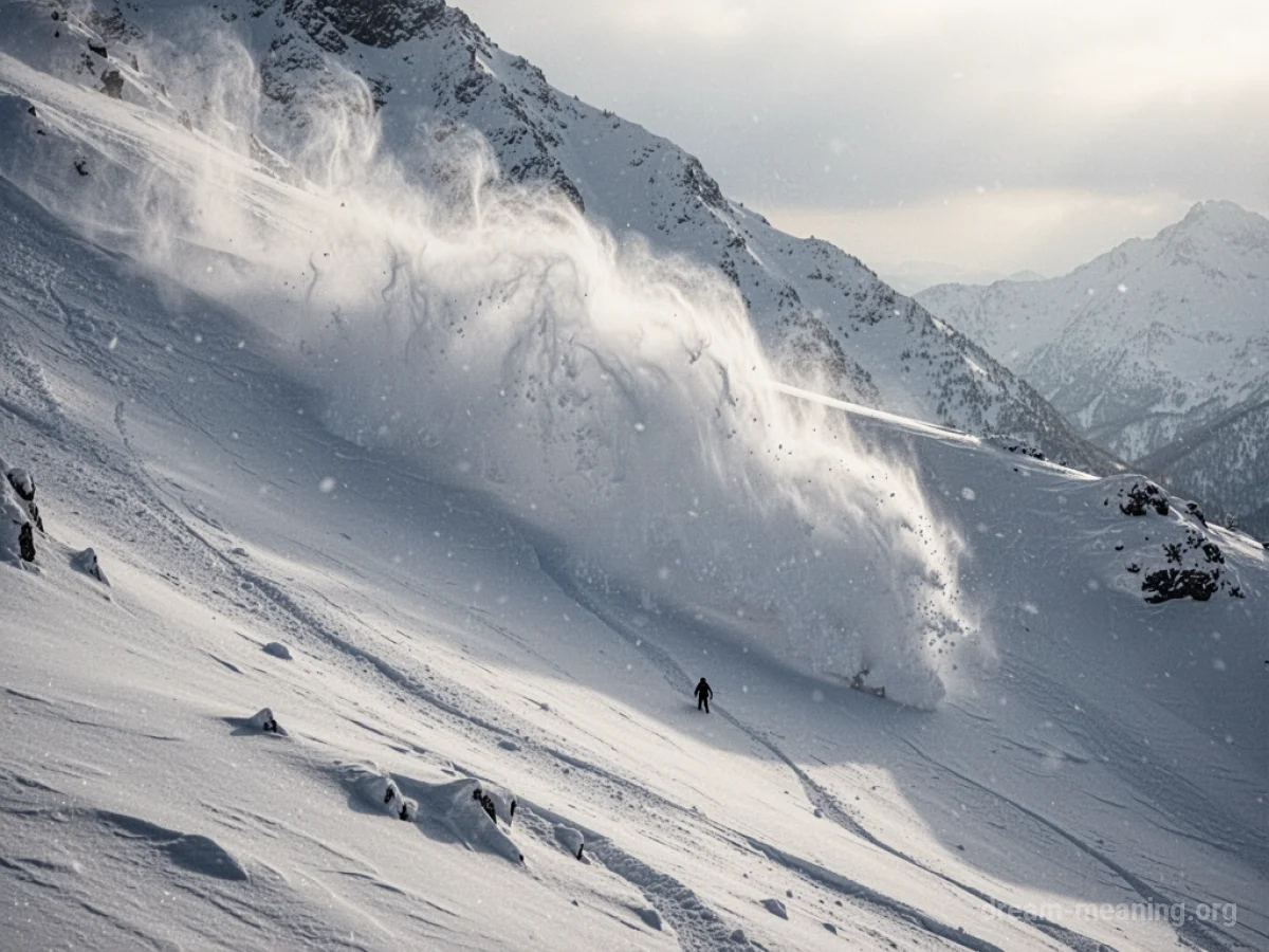 A large snow slide moving down a mountain, with a tiny person visible in the distance.