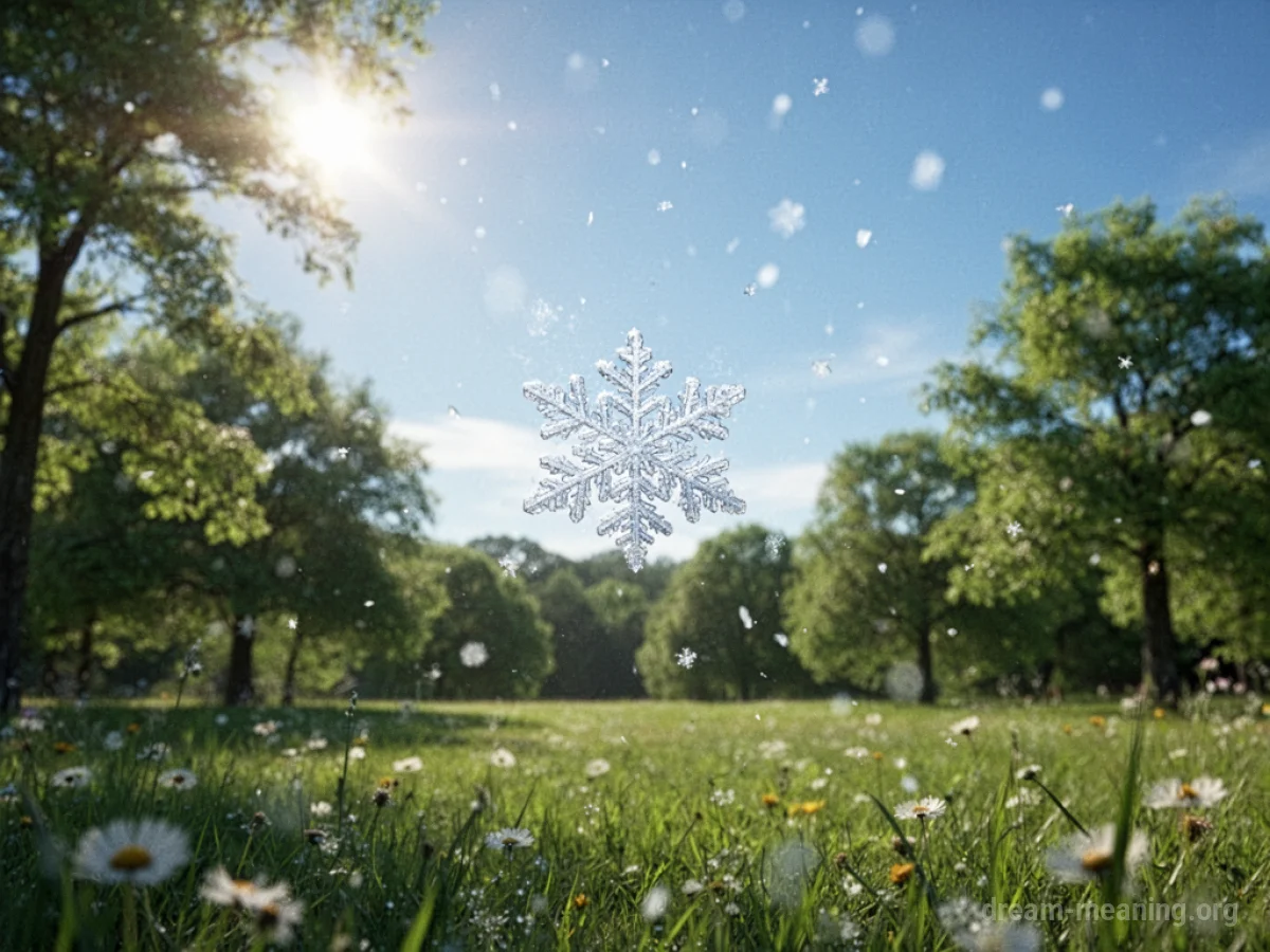 A single snowflake falling in a sunny summer scene.