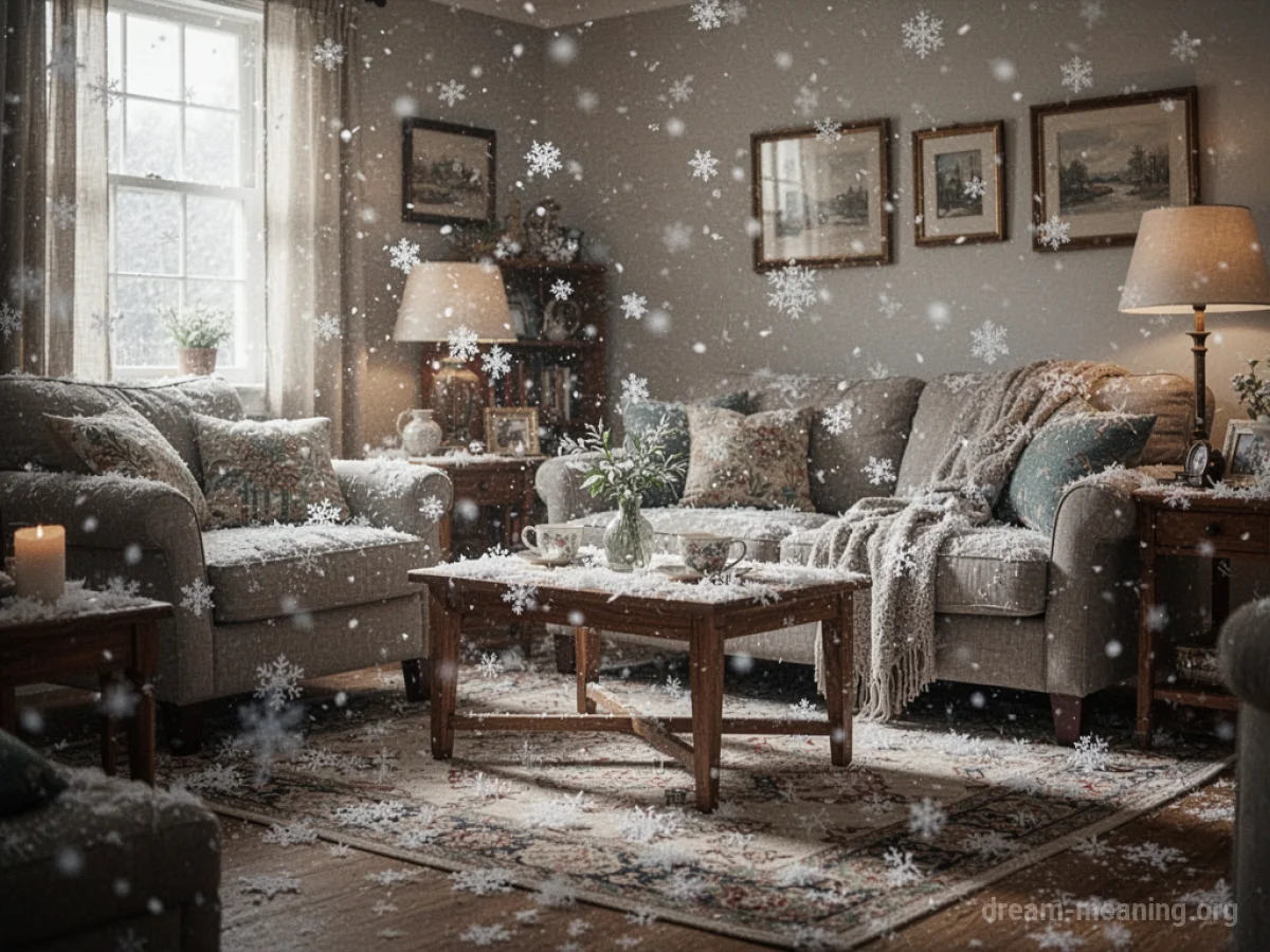 Snowflakes falling indoors in a living room.