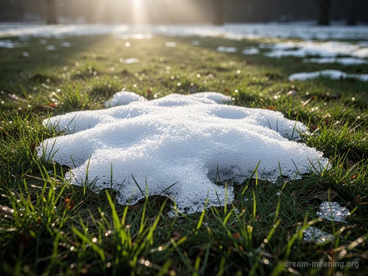 Patches of melting snow on green grass with sunlight.