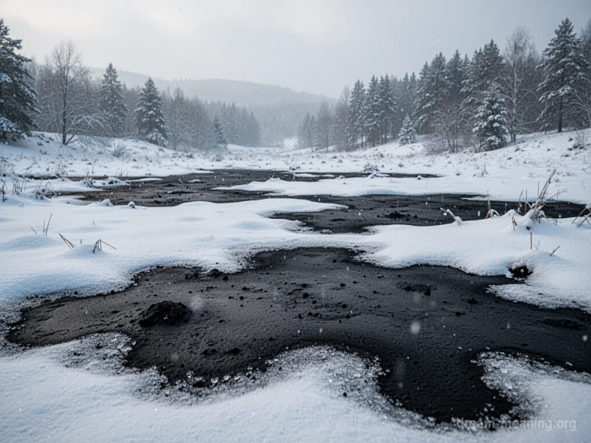 Snowfield with dark black patches spreading across it.