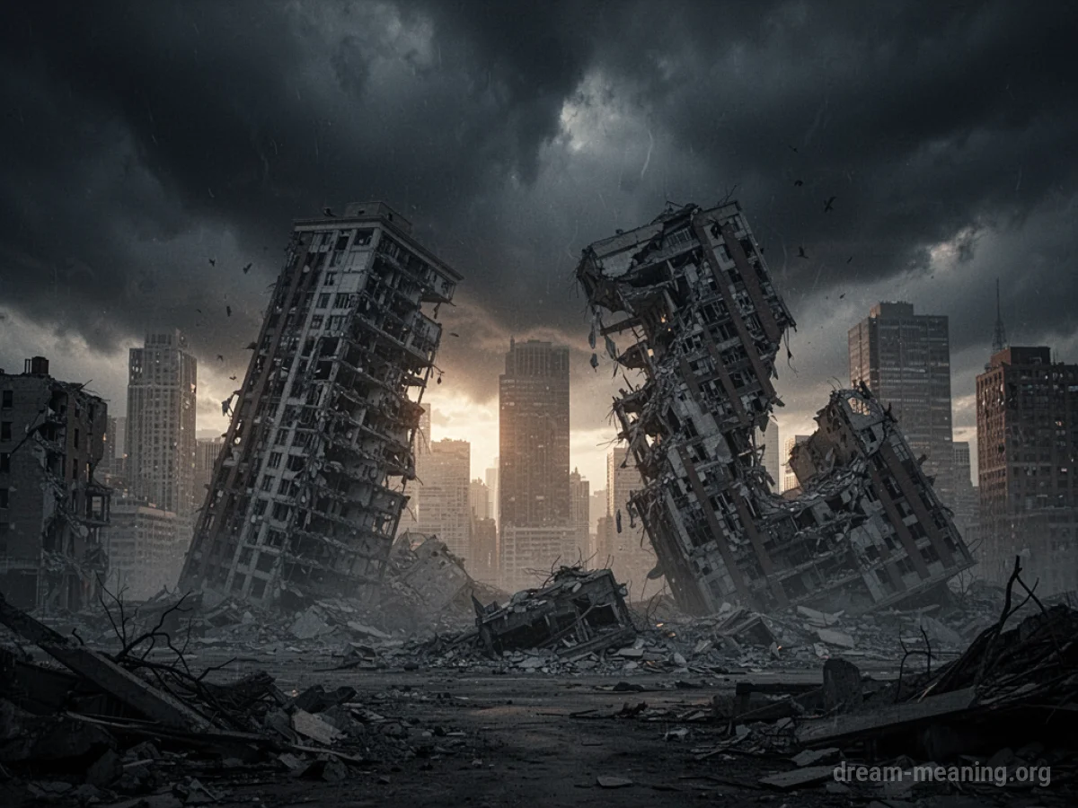 Crumbling city buildings against a dark, stormy sky.