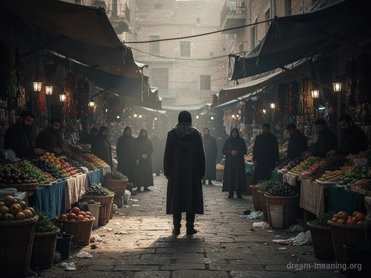 A figure stands in a shadowed marketplace with indistinct observers.