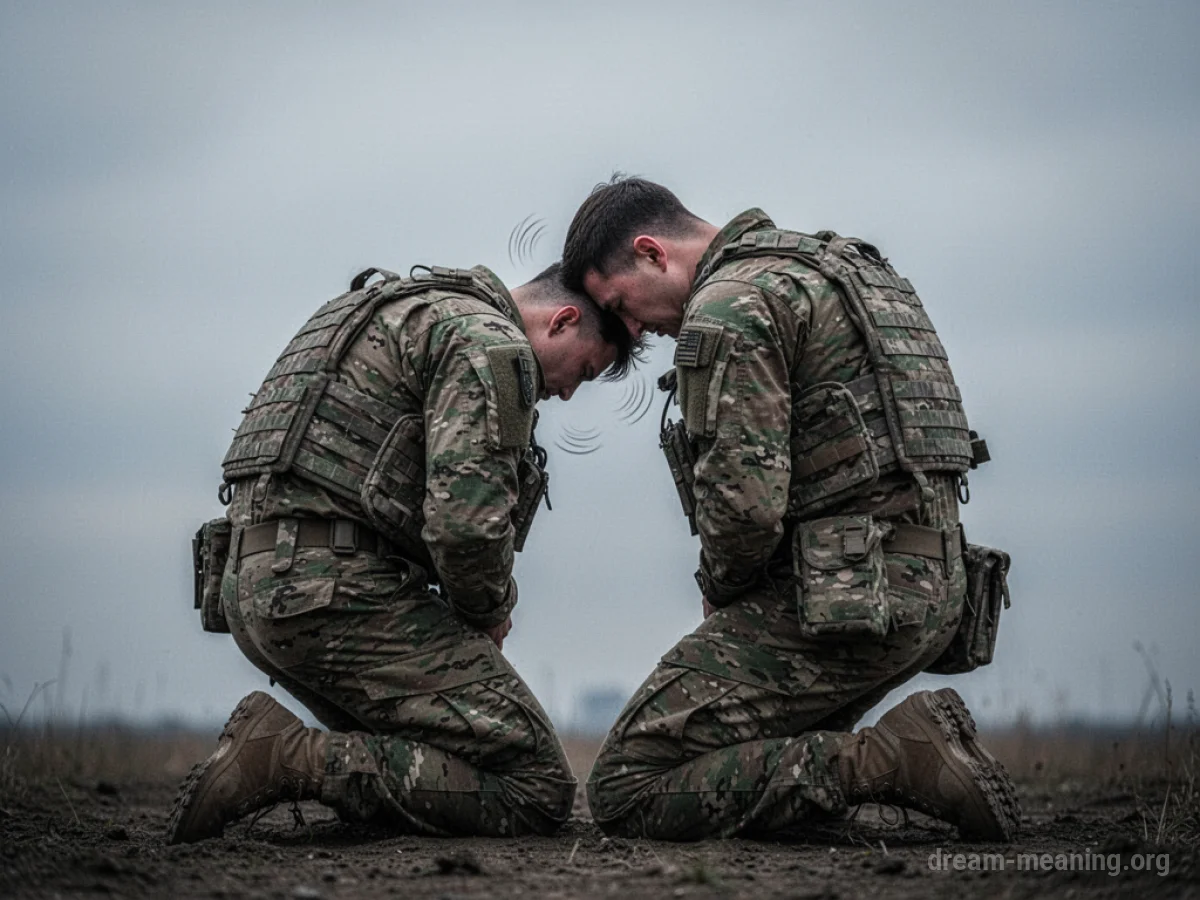 A soldier kneeling with their head down.