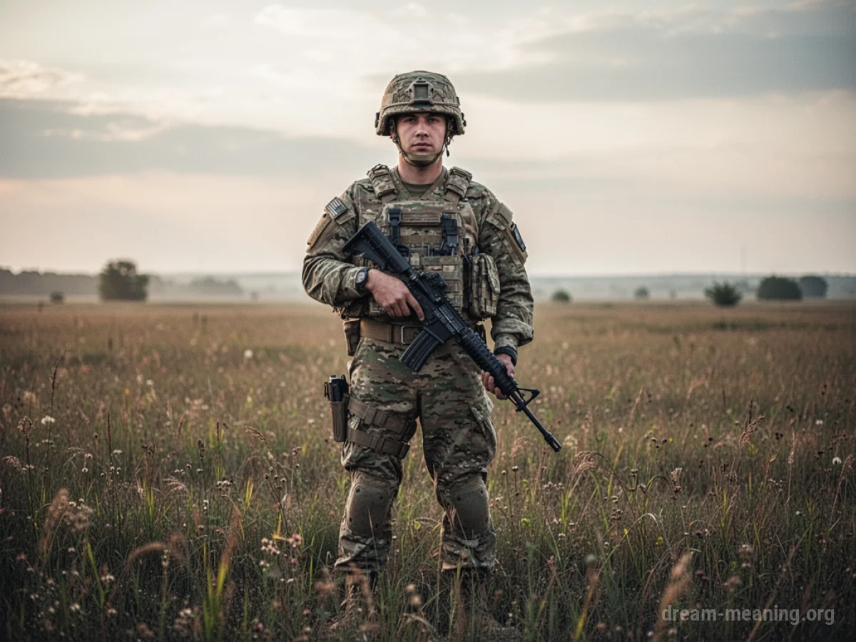 A soldier stands in a field holding a rifle.