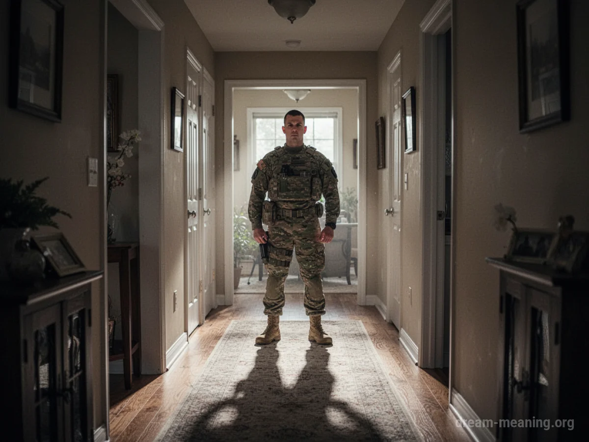 A soldier in uniform stands in the interior hallway of a house.