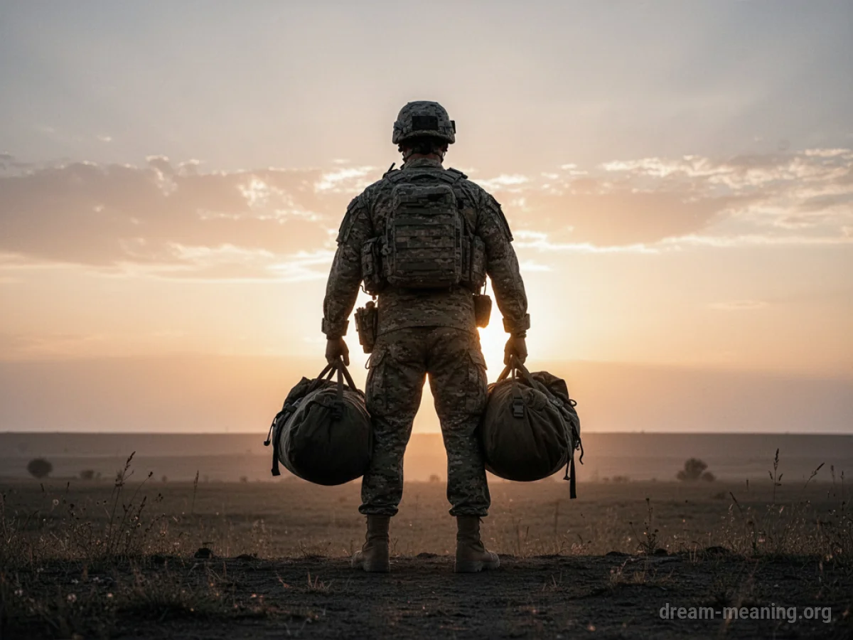Silhouette of a soldier with a backpack facing away from a sunrise.