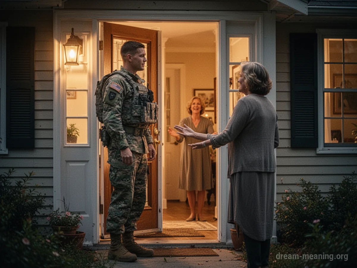 A soldier stands in a doorway, looking into a bright home.