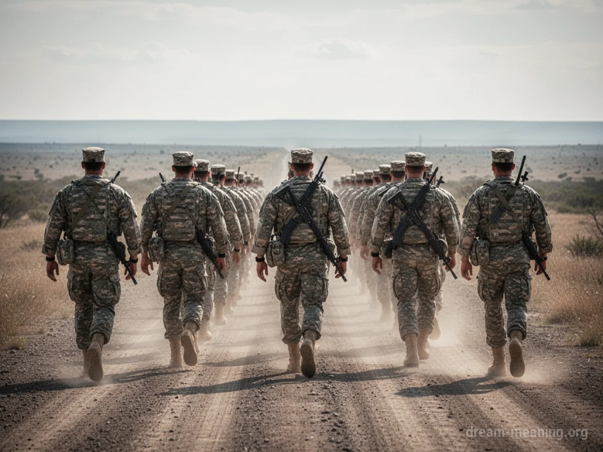 Silhouettes of soldiers marching in a single file line on a road.