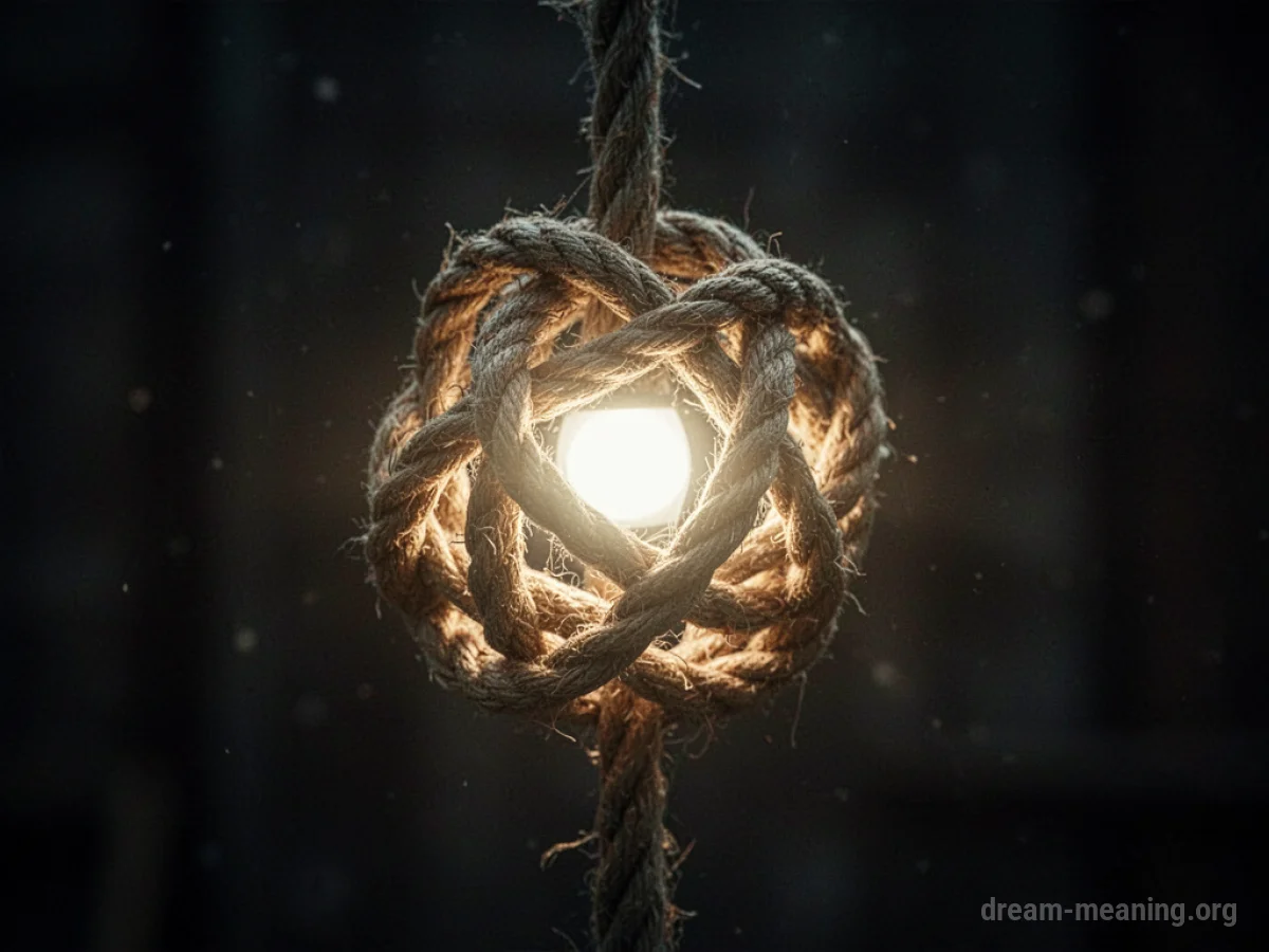 A bright light shining on a tangled knot in darkness.