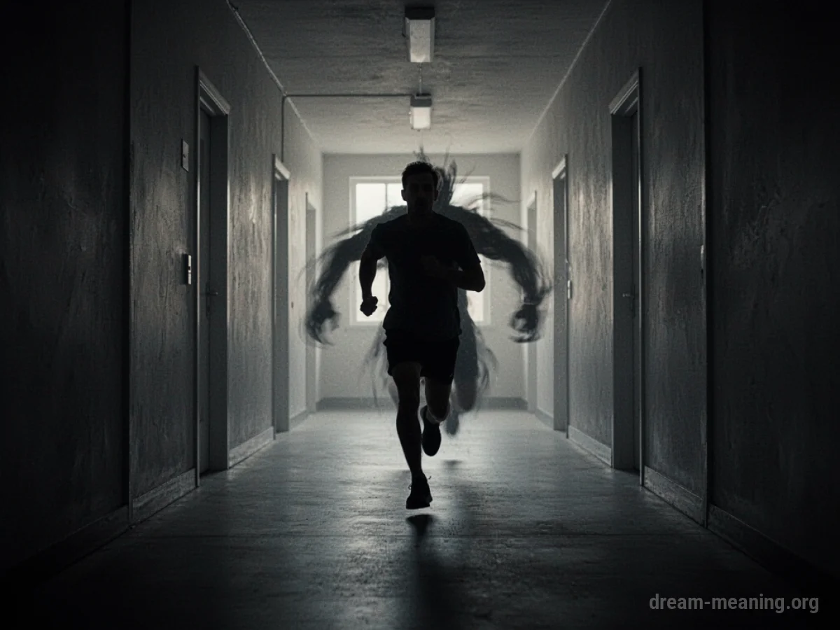 Silhouette of a person running down a dark hallway with a shadowy figure gaining on them.