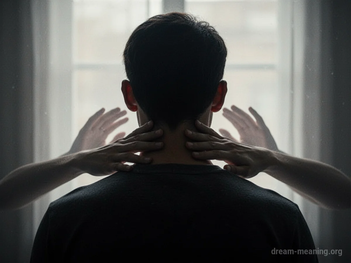 Silhouette of a person with shadowy hands looming behind their neck.