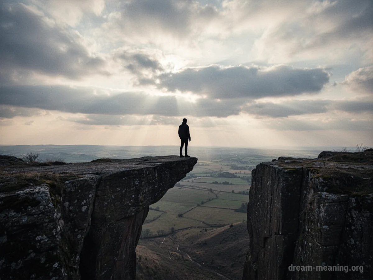 Silhouette of a figure on a cliff edge overlooking a desolate landscape.